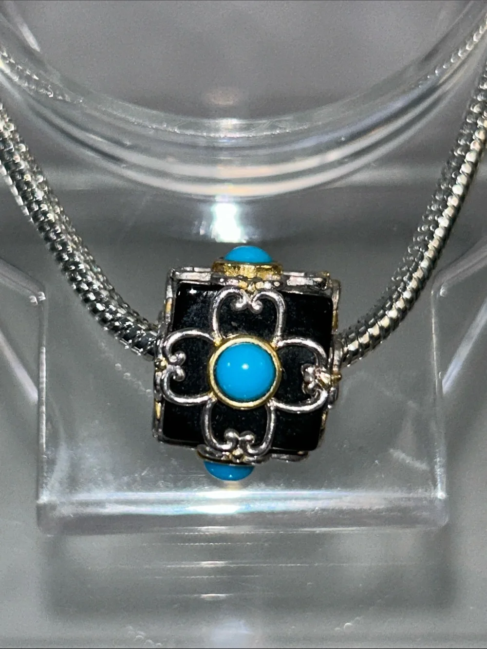 NWOT Gems En Vogue Genuine Turquoise Black Onyx Cube Euro Pandora Style Charm